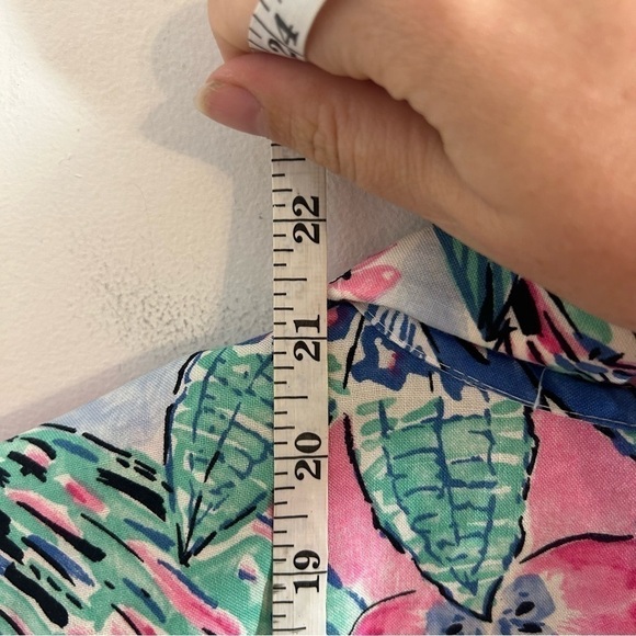 Vintage Paquette Hawaiian Floral Crop Tie Shirt Medium Button Down Collared Blue - Picture 6 of 7